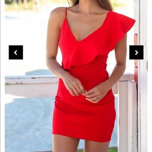 Red Ruffled One Shoulder Short Dress